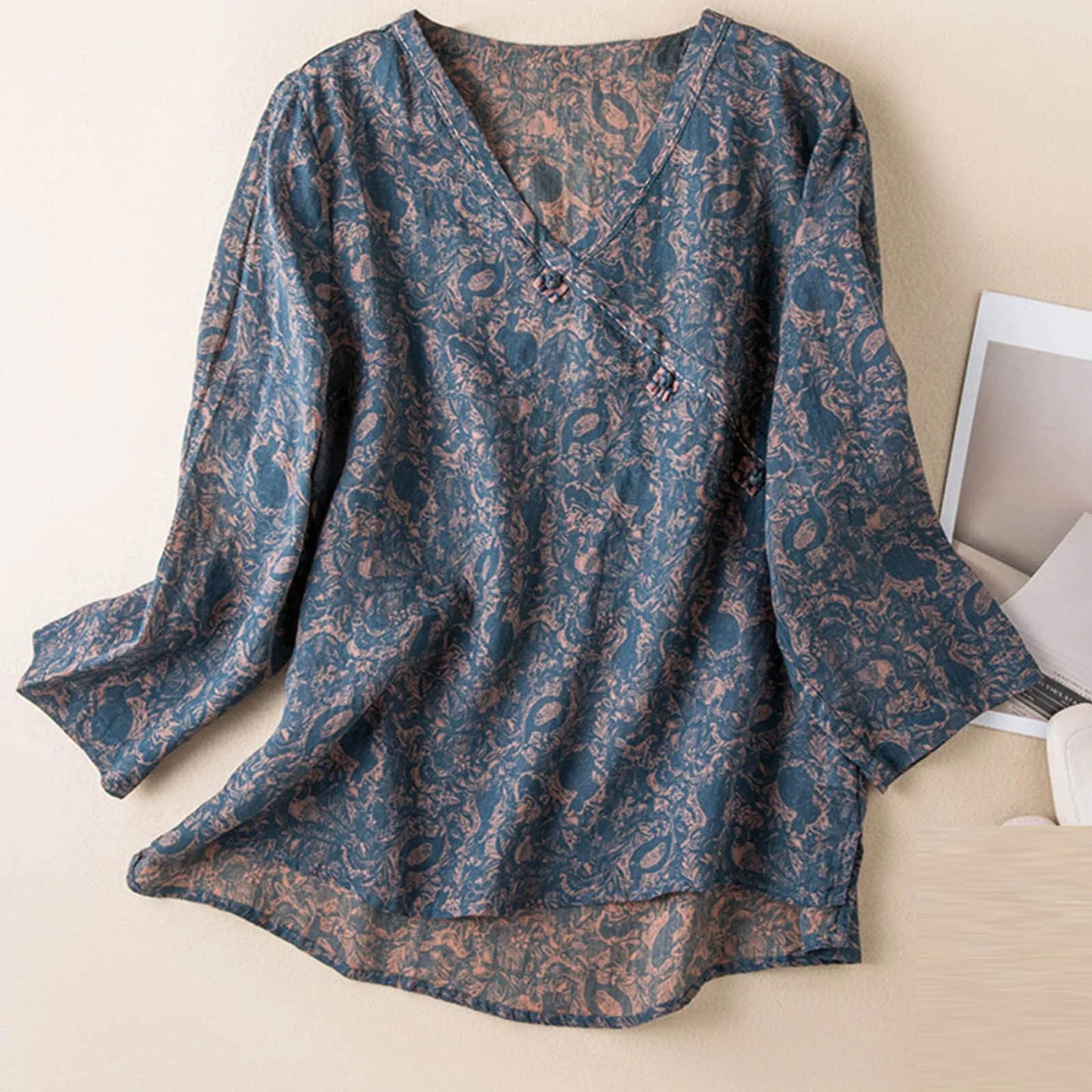 Women's Floral V-Neck Button Blouse – Relaxed Long Sleeve Casual Top