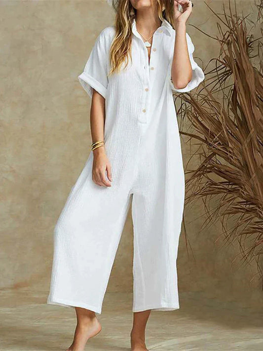 Women's jumpsuit – Loose fit – Lightweight cotton – Short sleeves – Front button closure