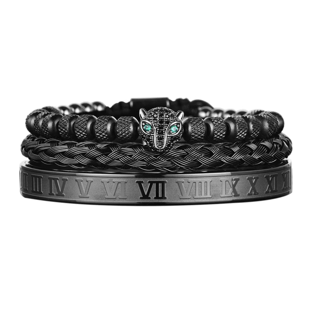 Bracelet Set With Crystal Panther Motif and Roman Numerals