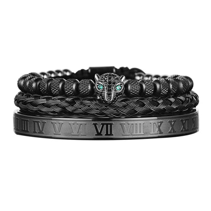 Bracelet Set With Crystal Panther Motif and Roman Numerals