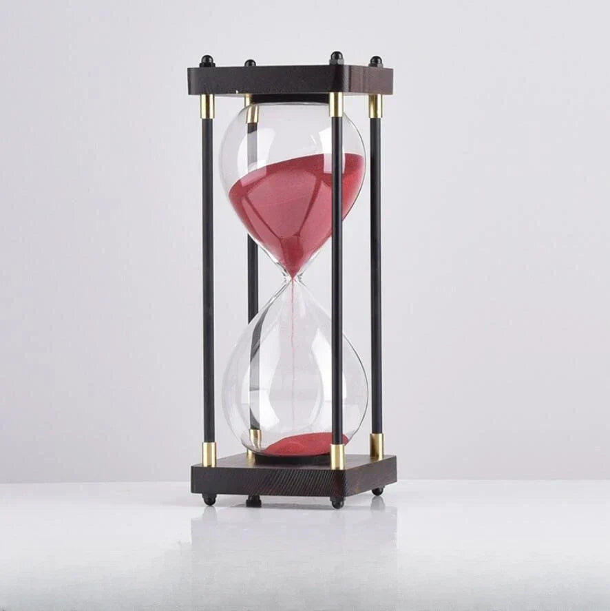 Modern Glass and Wood Hourglass Timer With Gold Accents