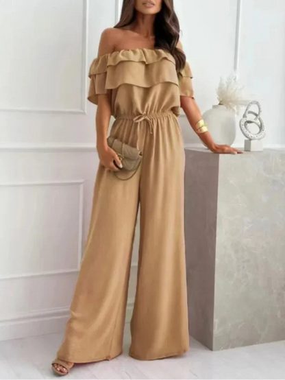 Women's Jumpsuit – Off-The-Shoulder – Wide Legs – Ruffles – Breathable Fabric