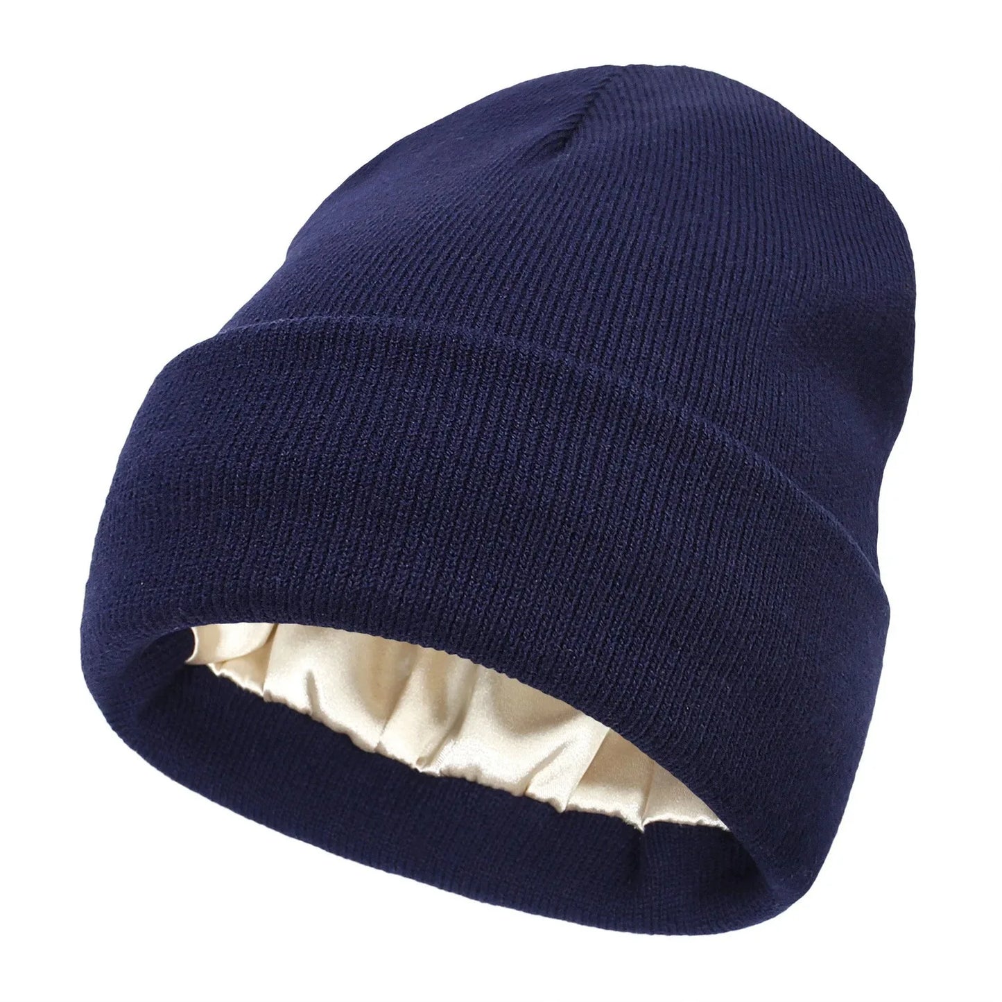 Amelia Cuffed Beanie Hat | Satin Lined Ribbed Knit Beanie Hat