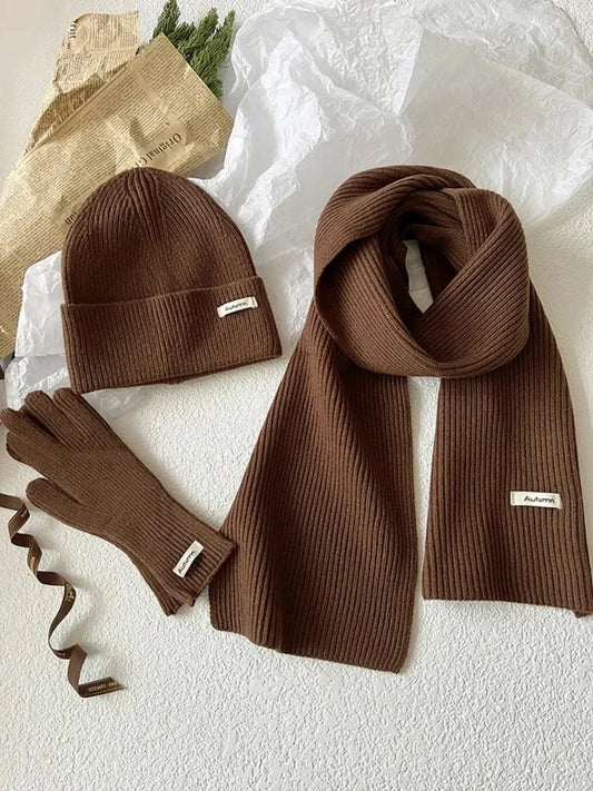 Martina Three-Piece Set | Knitted Scarf, Hat & Gloves, Solid Color Winter Set