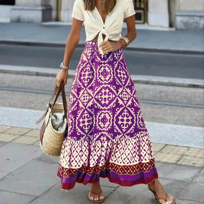 Women's long skirt – High waist – Flared flowing cut – Bohemian pattern – Breathable fabric