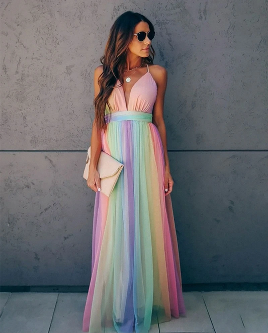 Women's long dress – Luxury fabric – Fluid cut – Elegant halter neckline