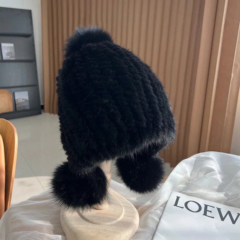 Ginevra Earflap Hat | Pom-Pom Details, Ribbed Texture Hat