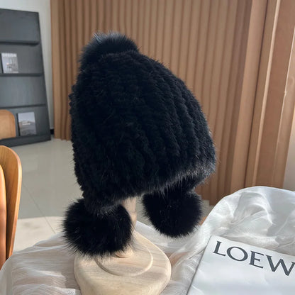 Ginevra Earflap Hat | Pom-Pom Details, Ribbed Texture Hat