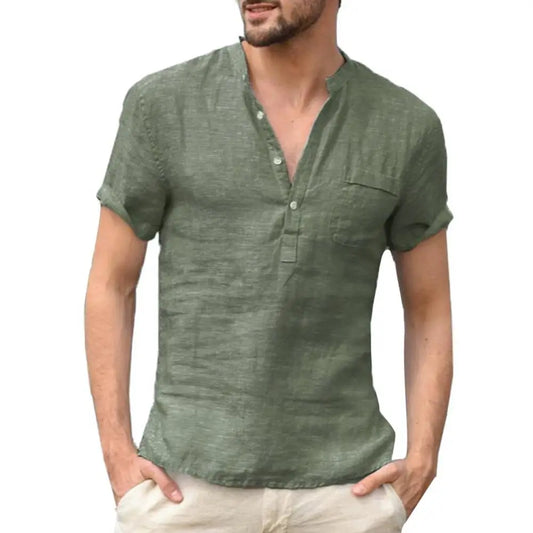 Men's T-shirt – Relaxed fit – Natural fibers – Mao collar – Buttoned placket