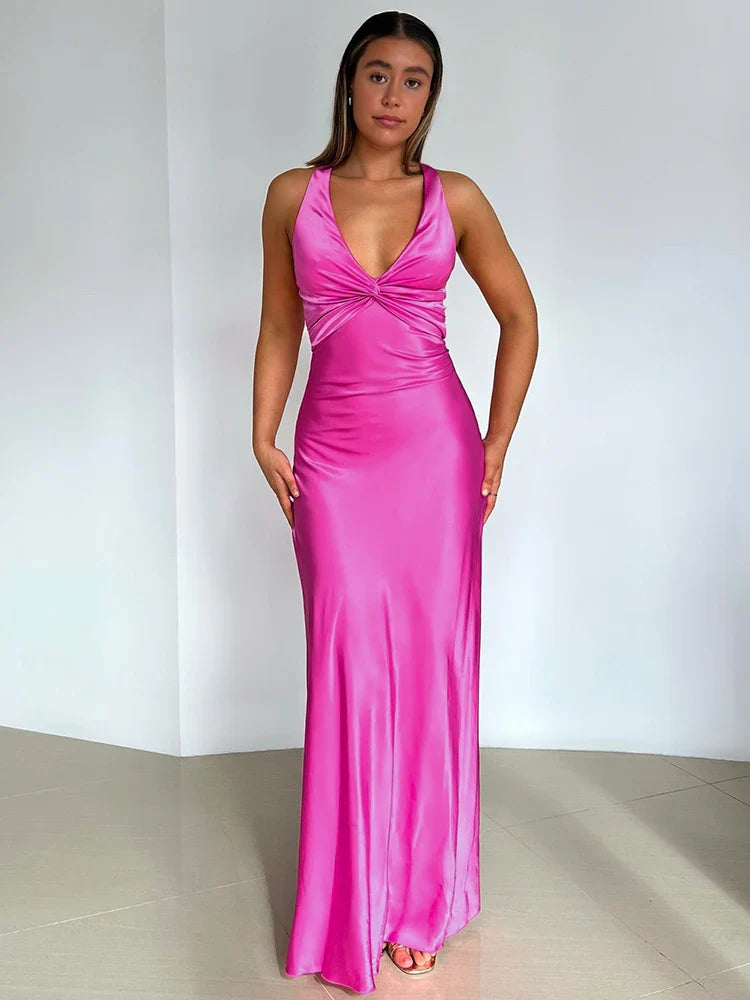 Robe de soirée femme – Tissu satiné – Coupe ajustée – Col halter sans manches