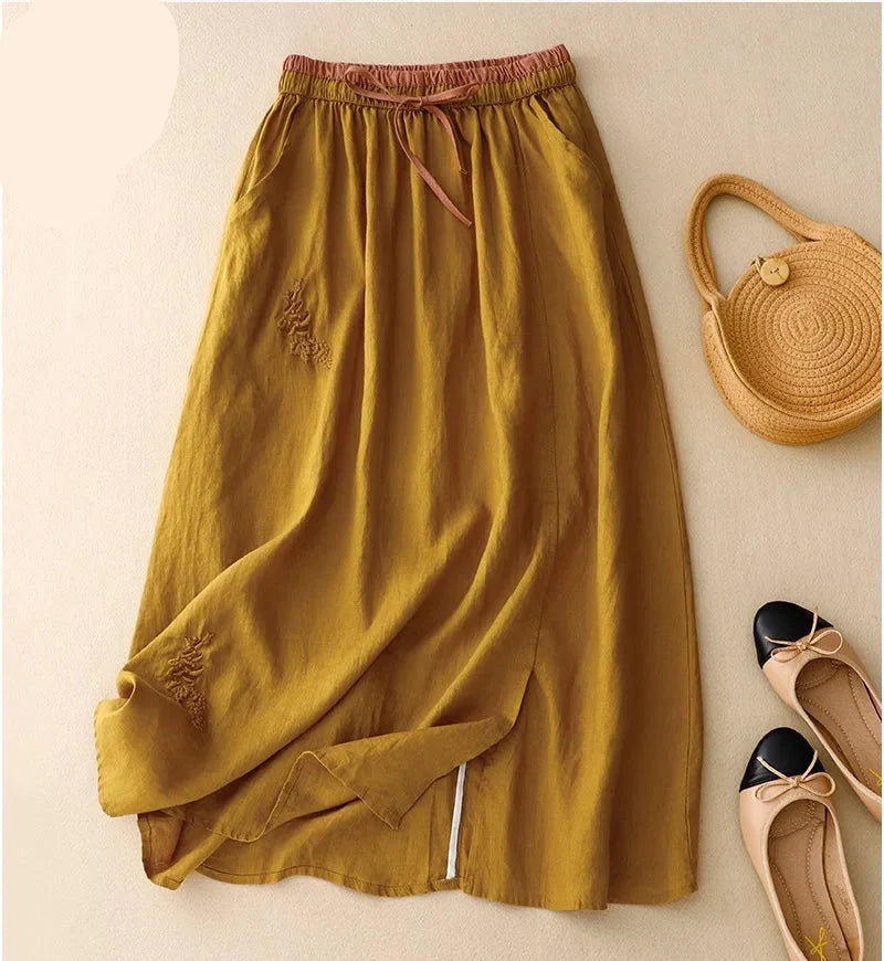 A-Line Linen Midi Skirt for Women – Breathable Comfort & Pockets