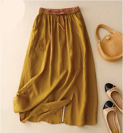 A-Line Linen Midi Skirt for Women – Breathable Comfort & Pockets