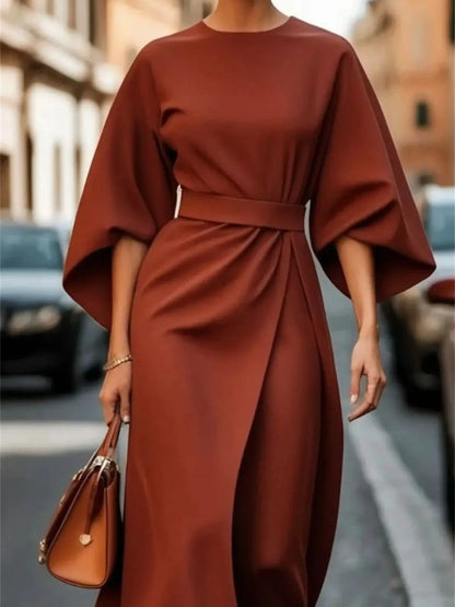 Robe midi femme – Coupe évasée structurée – Taille ceinturée – Manches évasées