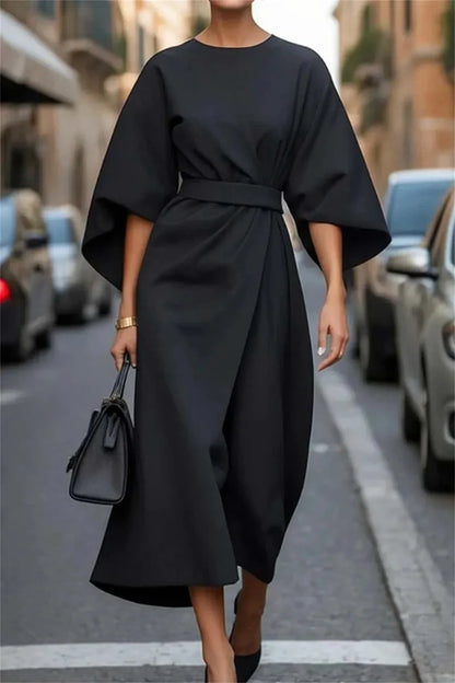Robe midi femme – Coupe évasée structurée – Taille ceinturée – Manches évasées