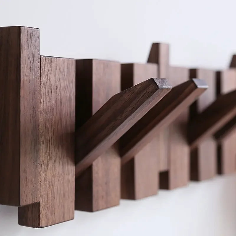 Minimalist Walnut Wood Wall Mounted Coat Rack With Flip-Down Hooks