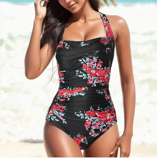 Women's monokini swimsuit – Backless neckline – Ruching – Floral print – Form-fitting cut