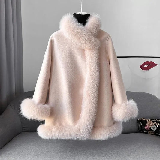 Women's Coat - Wool Blend - Oversized Cut - Stand Collar - Mid-Thigh Length