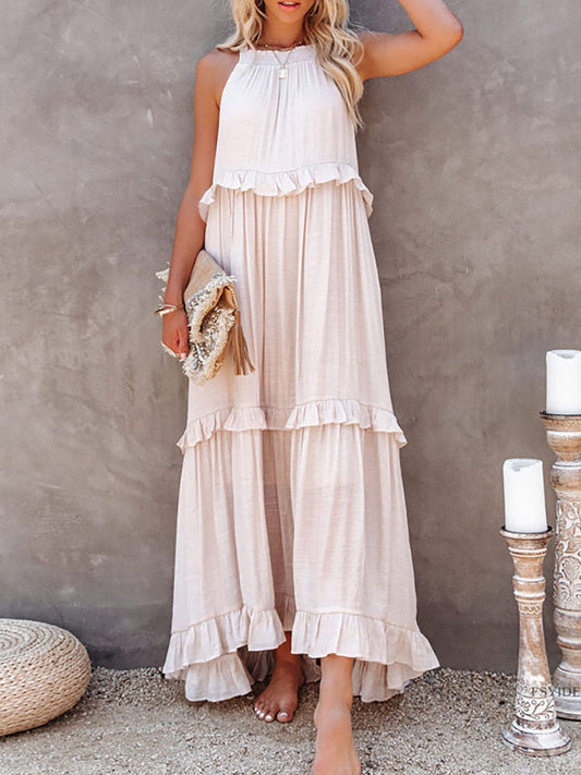 Women's long dress – Fluid cut – Halter neck sleeveless – Breathable natural fibers