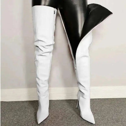 Bottes femme cuissardes – Talon haut – Bout pointu – Similicuir brillant – Fermeture zippée