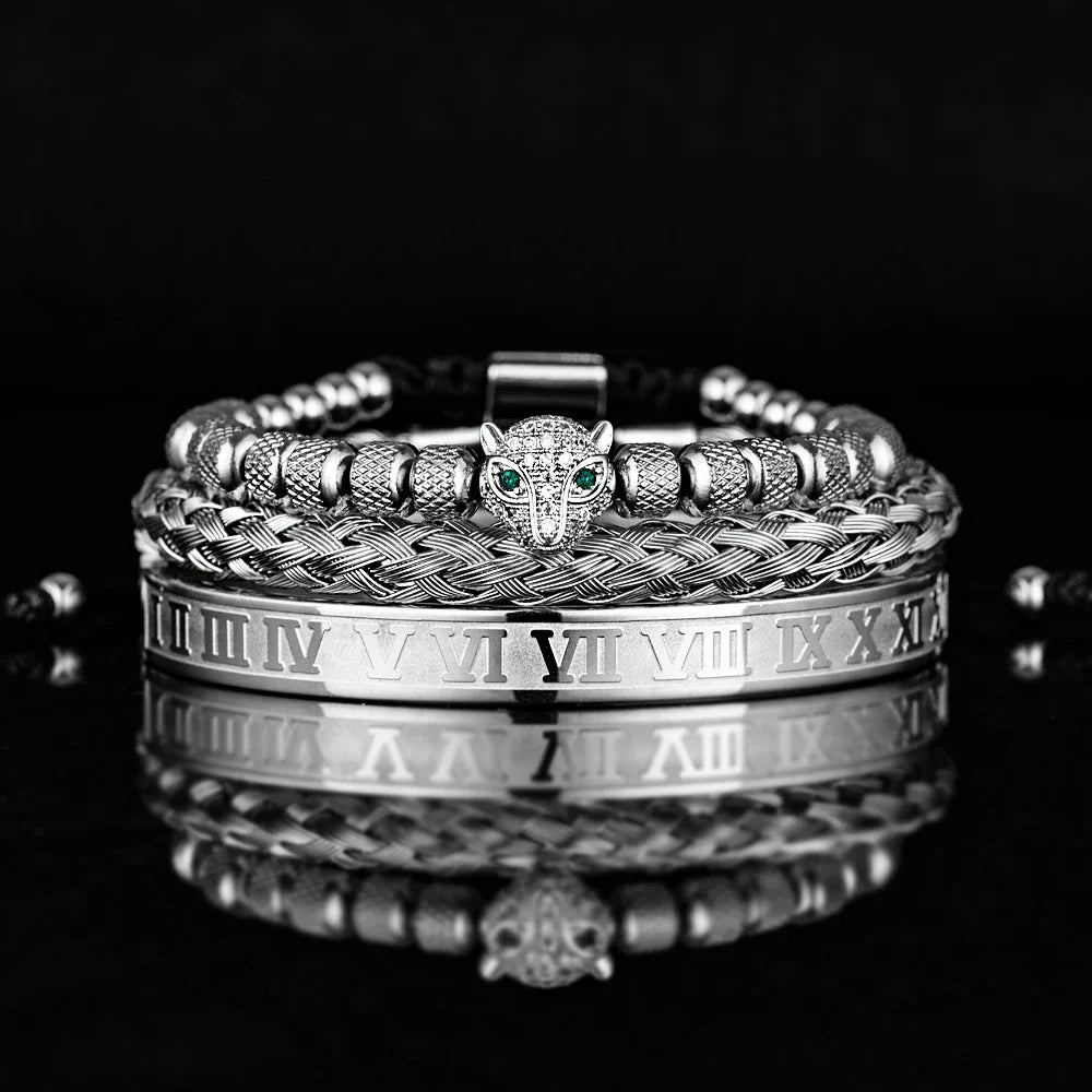 Bracelet Set With Crystal Panther Motif and Roman Numerals