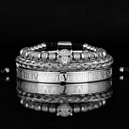 Bracelet Set With Crystal Panther Motif and Roman Numerals