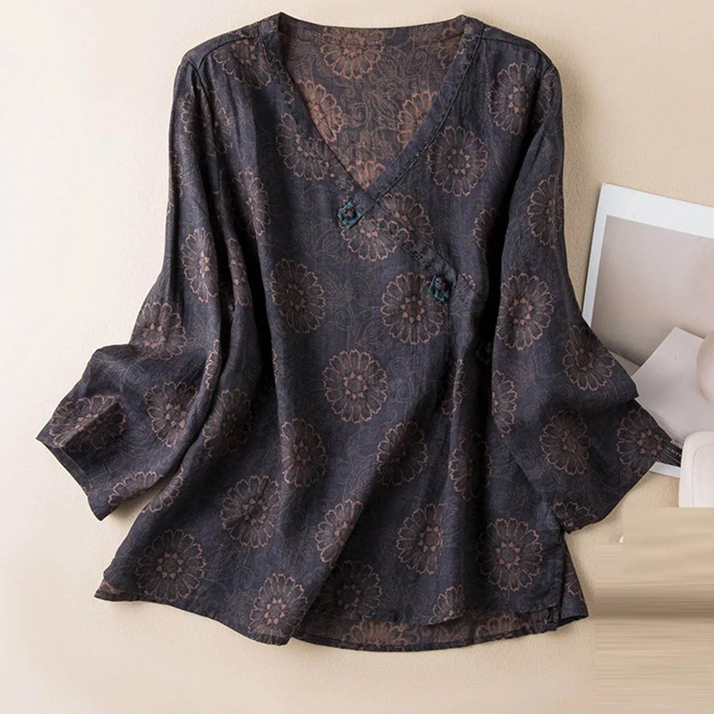 Women's Floral V-Neck Button Blouse – Relaxed Long Sleeve Casual Top