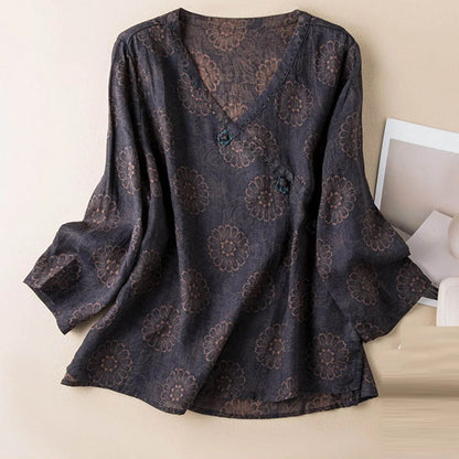 Women's Floral V-Neck Button Blouse – Relaxed Long Sleeve Casual Top