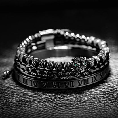 Bracelet Set With Crystal Panther Motif and Roman Numerals