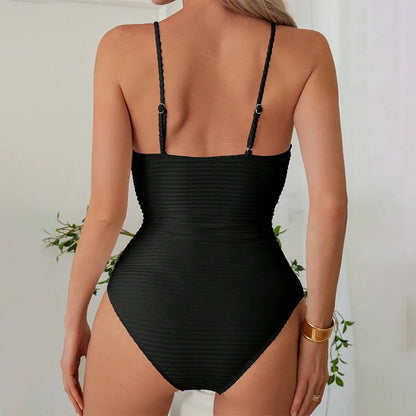 Women's 1-piece swimsuit – Plunging neckline – Ribbed – Knot detail – Fitted cut