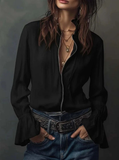 Zipper-Front Ruffled-Cuff Blouse for Women – Effortless Casual Style