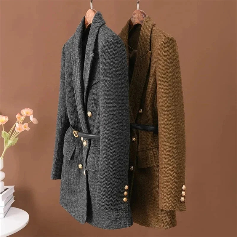 Sara Wool Jacket | Double-Breasted Mid-Length Suit Jacket