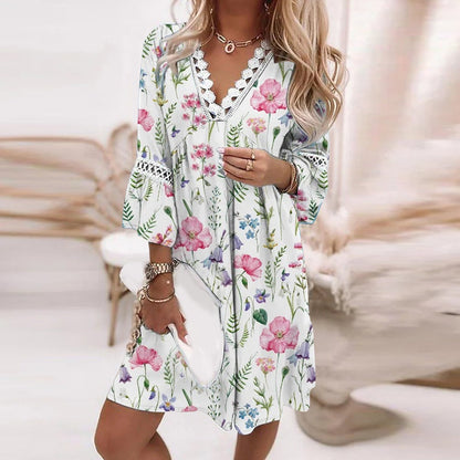 Women's dress – Relaxed fit – V-neck lace – Floral print – Breathable fabric