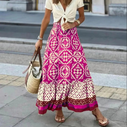 Women's long skirt – High waist – Flared flowing cut – Bohemian pattern – Breathable fabric