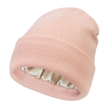 Amelia Cuffed Beanie Hat | Satin Lined Ribbed Knit Beanie Hat