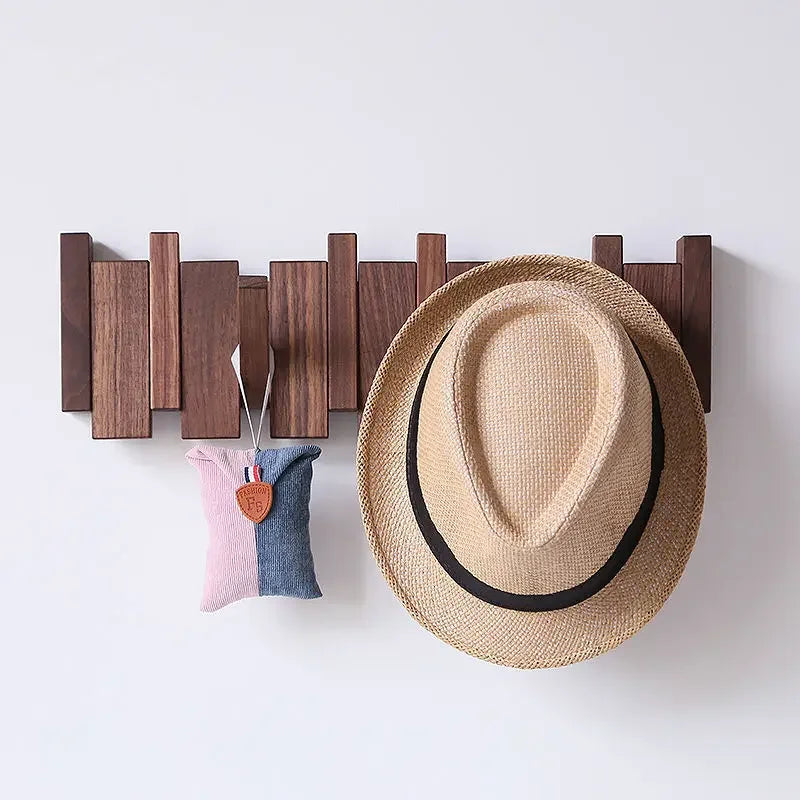 Minimalist Walnut Wood Wall Mounted Coat Rack With Flip-Down Hooks