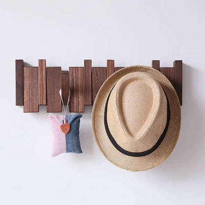 Minimalist Walnut Wood Wall Mounted Coat Rack With Flip-Down Hooks