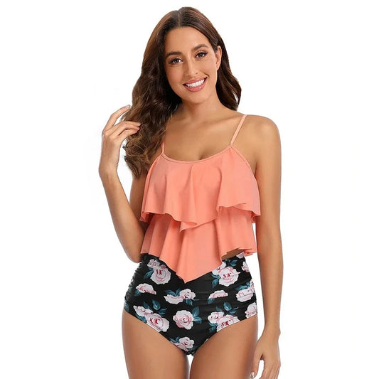Women's Swimsuit – Modest Cut – Ruffled Top – High-Waisted Bottom – Ruched Detail