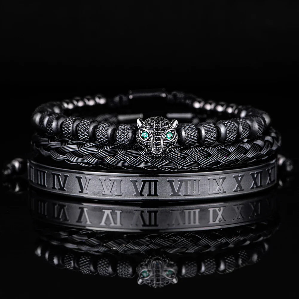 Bracelet Set With Crystal Panther Motif and Roman Numerals