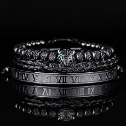 Bracelet Set With Crystal Panther Motif and Roman Numerals