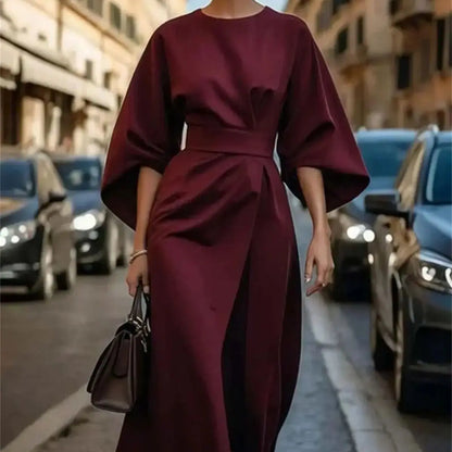 Robe midi femme – Coupe évasée structurée – Taille ceinturée – Manches évasées
