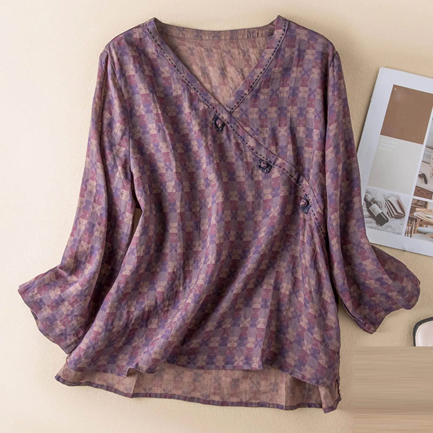 Women's Floral V-Neck Button Blouse – Relaxed Long Sleeve Casual Top