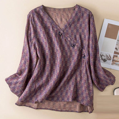 Women's Floral V-Neck Button Blouse – Relaxed Long Sleeve Casual Top