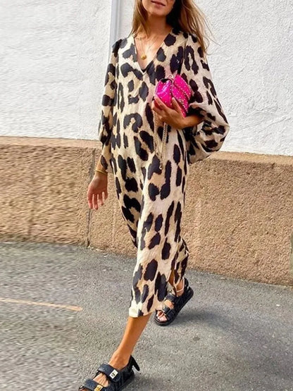 Women's midi dress – Fluid cut – Animal print – Balloon sleeves – Breathable fabric