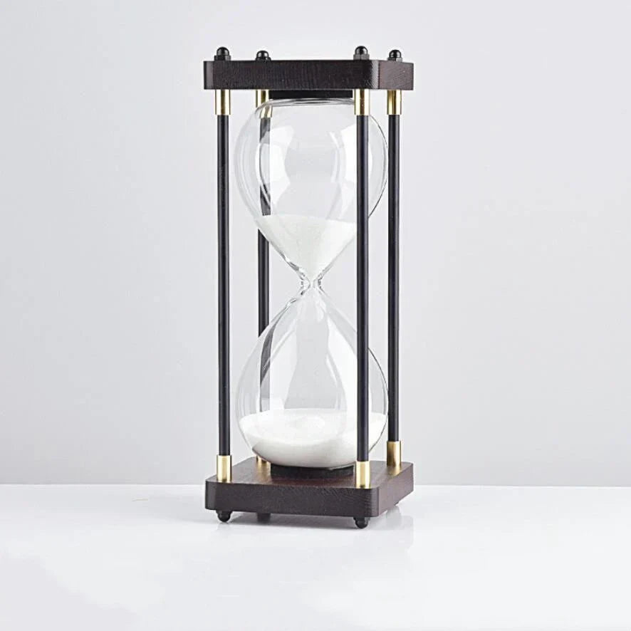 Modern Glass and Wood Hourglass Timer With Gold Accents