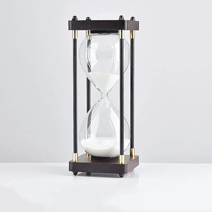 Modern Glass and Wood Hourglass Timer With Gold Accents