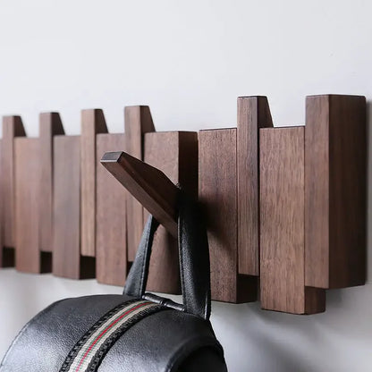 Minimalist Walnut Wood Wall Mounted Coat Rack With Flip-Down Hooks