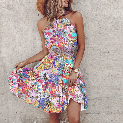 Women's Mini Dress – Relaxed Fit – Halter Neck – Smocked Waist – Bohemian Print