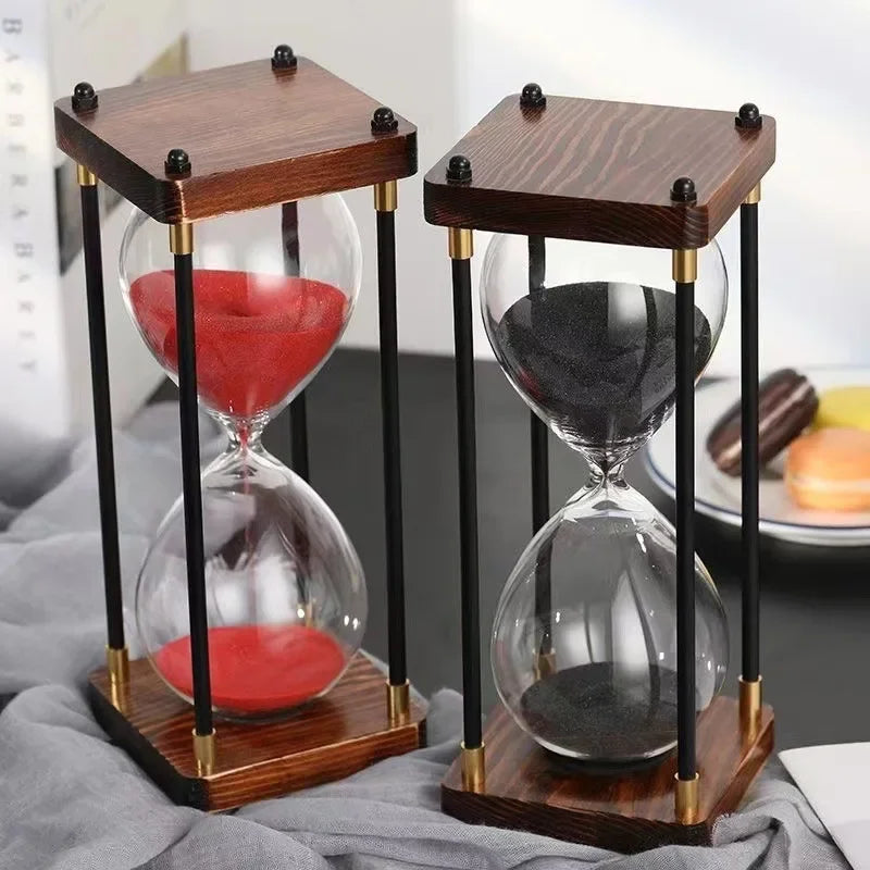Modern Glass and Wood Hourglass Timer With Gold Accents