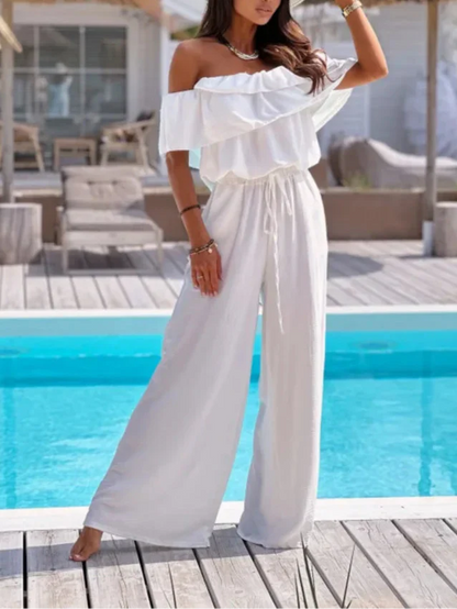 Women's Jumpsuit – Off-The-Shoulder – Wide Legs – Ruffles – Breathable Fabric