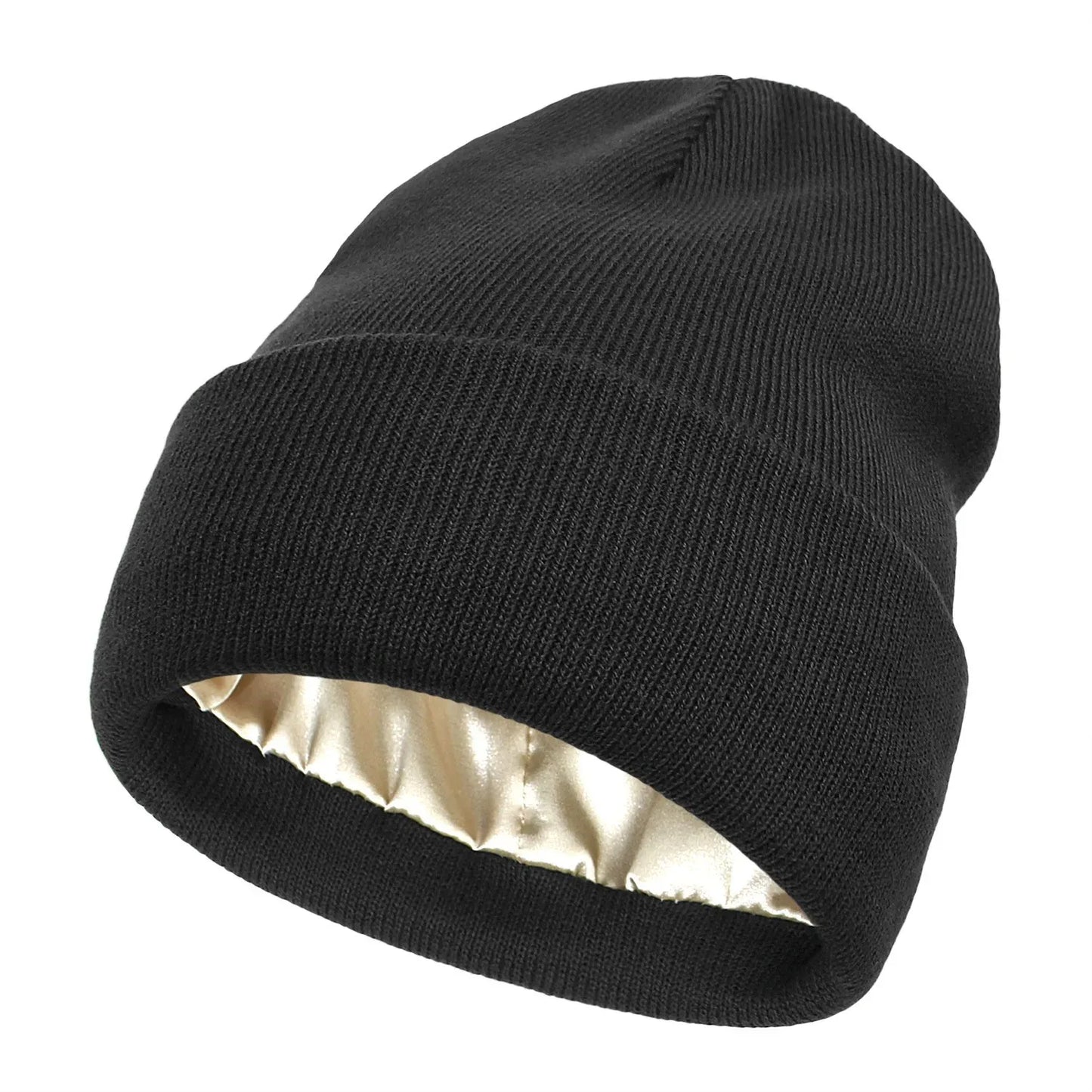 Amelia Cuffed Beanie Hat | Satin Lined Ribbed Knit Beanie Hat